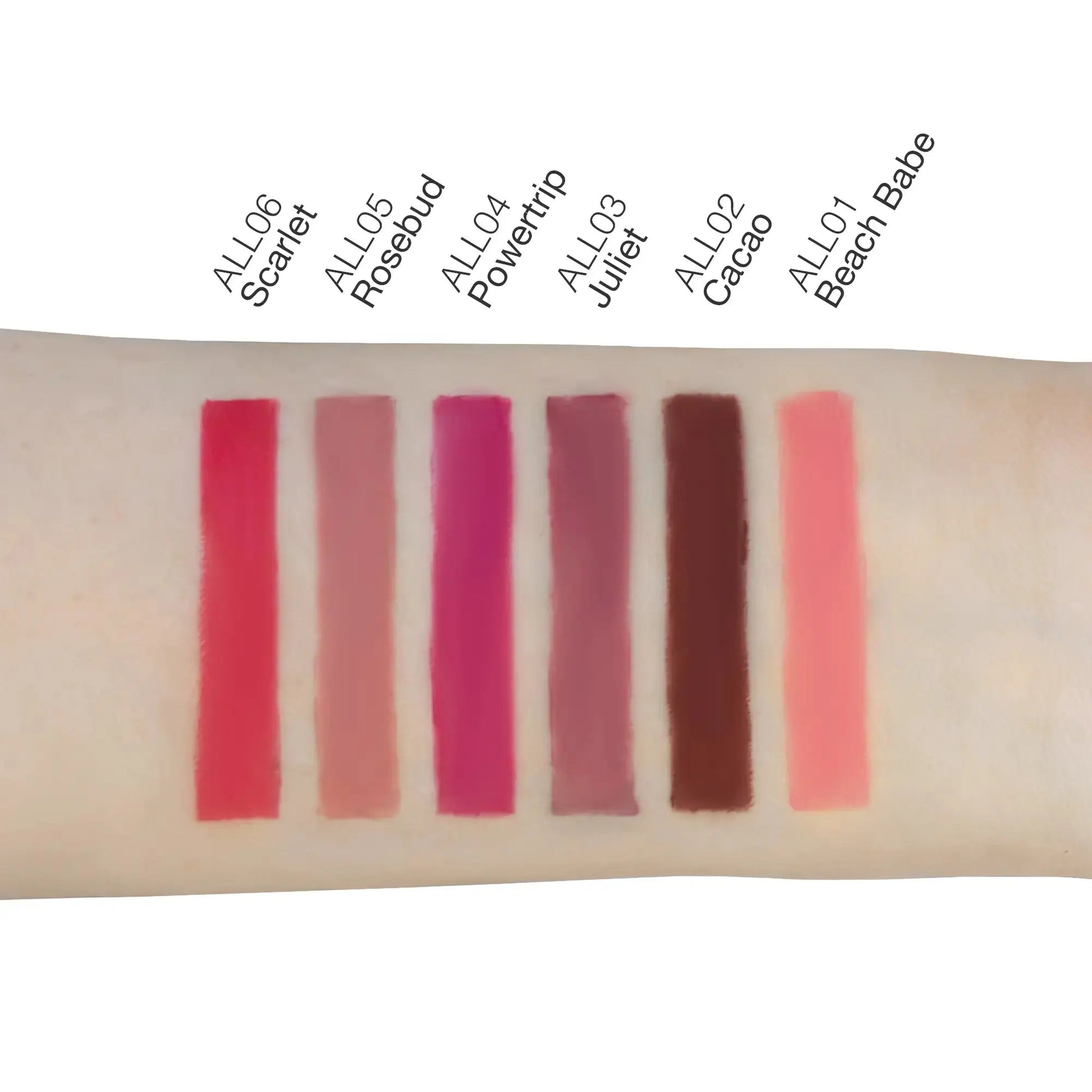 Swatches of Pout Perfect automatic lip liner rosebud and five other shades on light skin arm