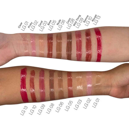 Pout Perfect classic lip gloss for natural look swatches on two different skin tones showing various shades from clear to deep red