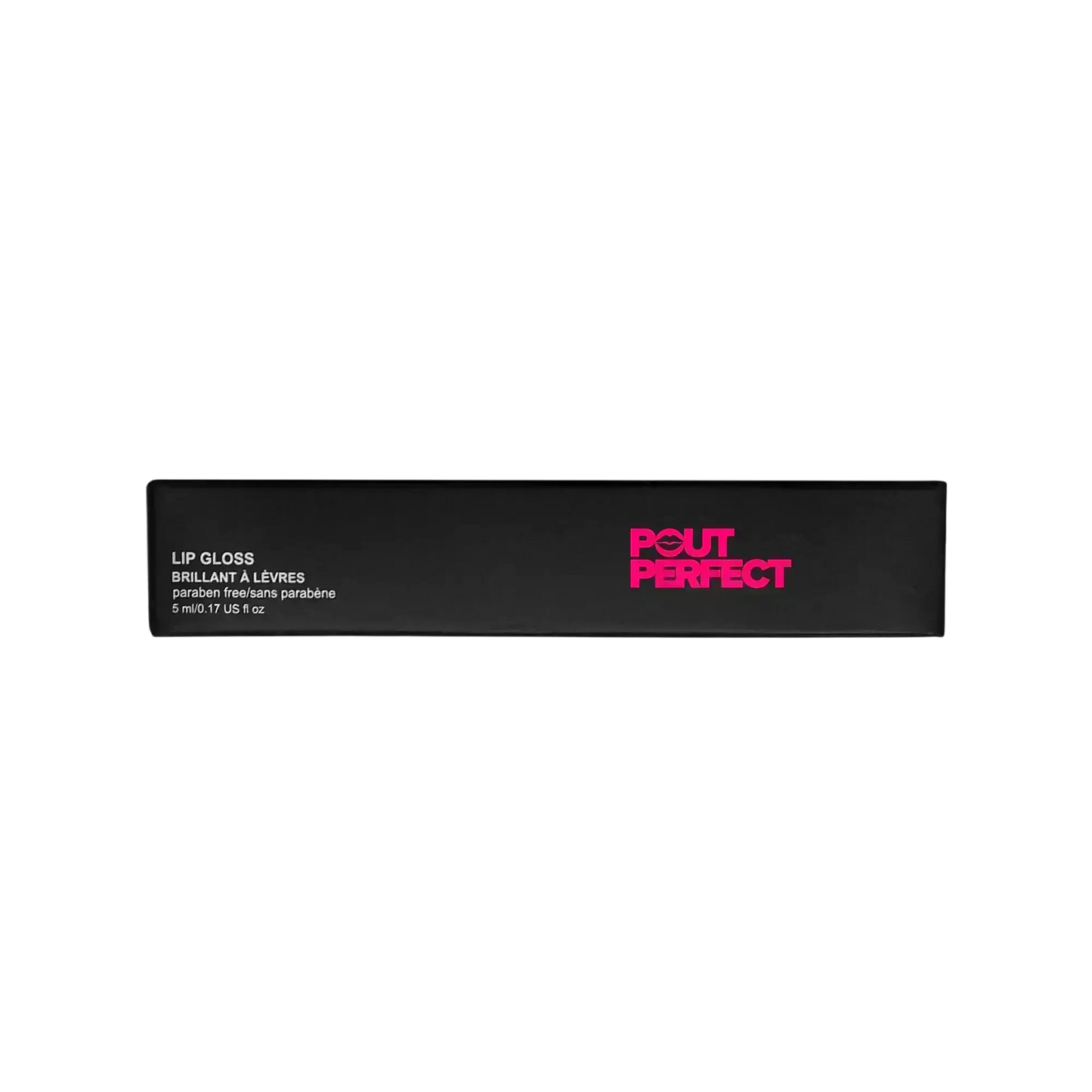 Pout Perfect black packaging box for classic lip gloss for women with pink logo and product details