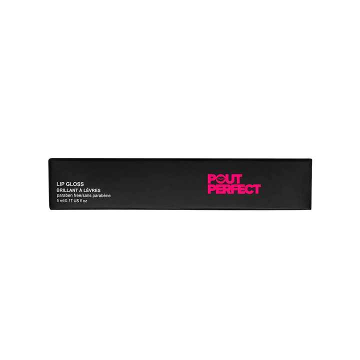 Pout Perfect black packaging box for classic lip gloss for women with pink logo and product details