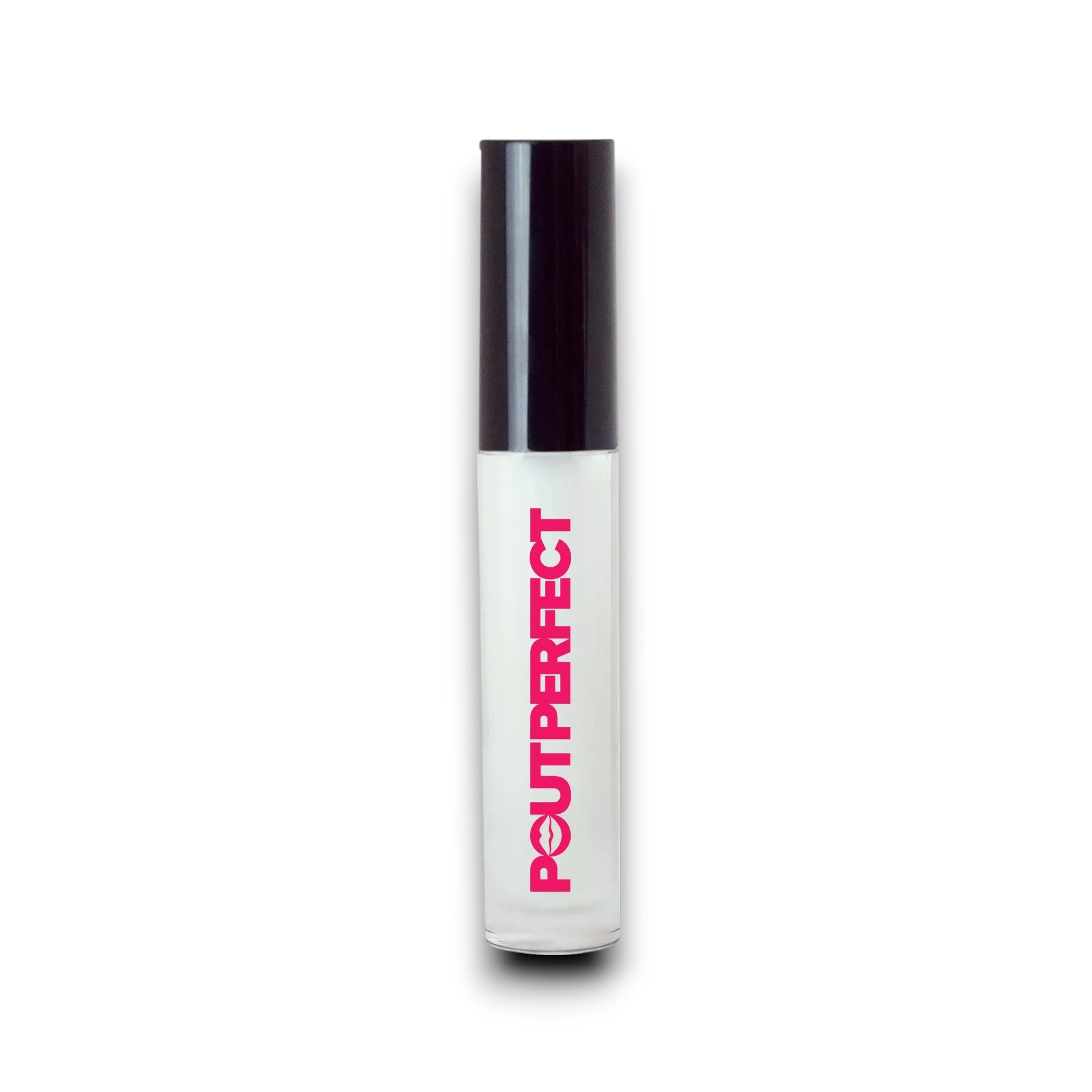 Pout Perfect clear lip gloss for shiny lips with sleek black cap and transparent tube