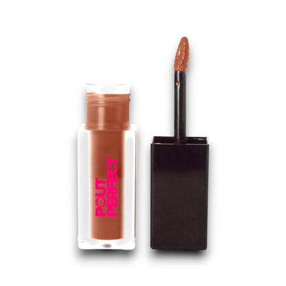 Pout Perfect cocoa matte lip stain with applicator wand showing rich brown shade