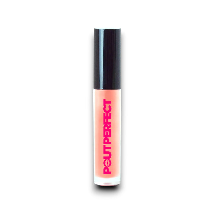 Pout Perfect coral lip gloss in sleek tube with black cap for a glossy finish