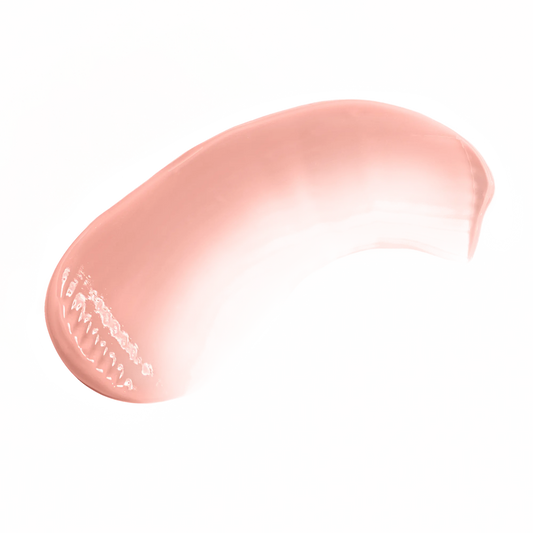 Smooth swatch of Pout Perfect coral lip gloss with a shiny creamy texture on black background