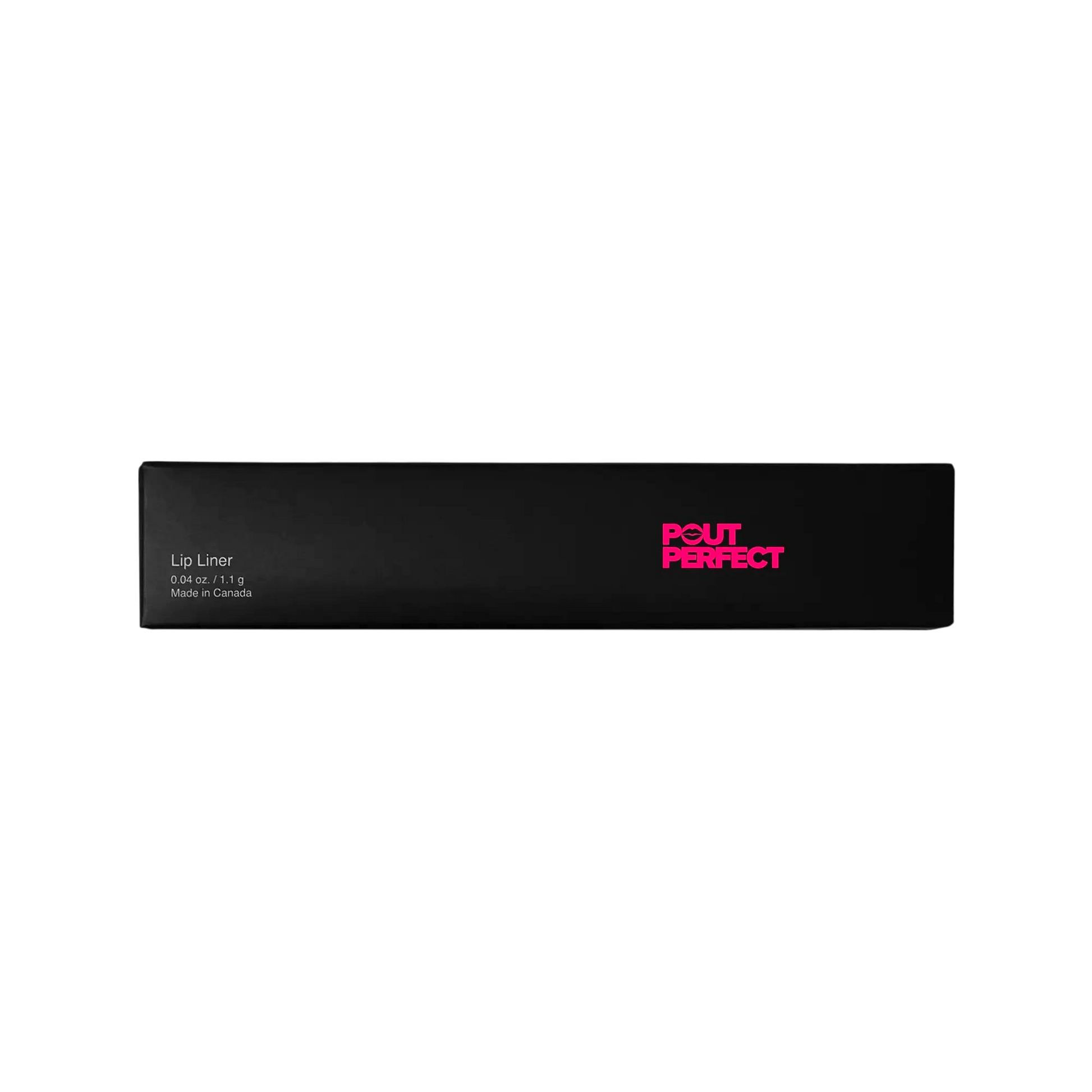 Pout Perfect deep coral lip liner pencil packaging in sleek black box with pink logo