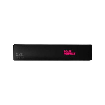 Pout Perfect deep coral lip liner pencil packaging in sleek black box with pink logo