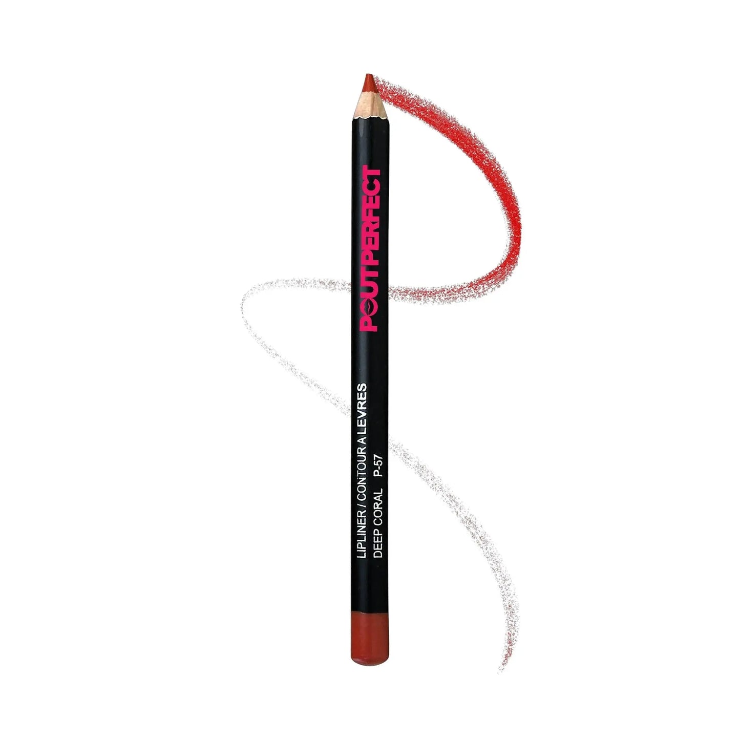 Pout Perfect deep coral lip liner pencil with curved color swatch on white background