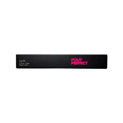 Pout Perfect hydrating lip oil set black packaging with pink logo and product details