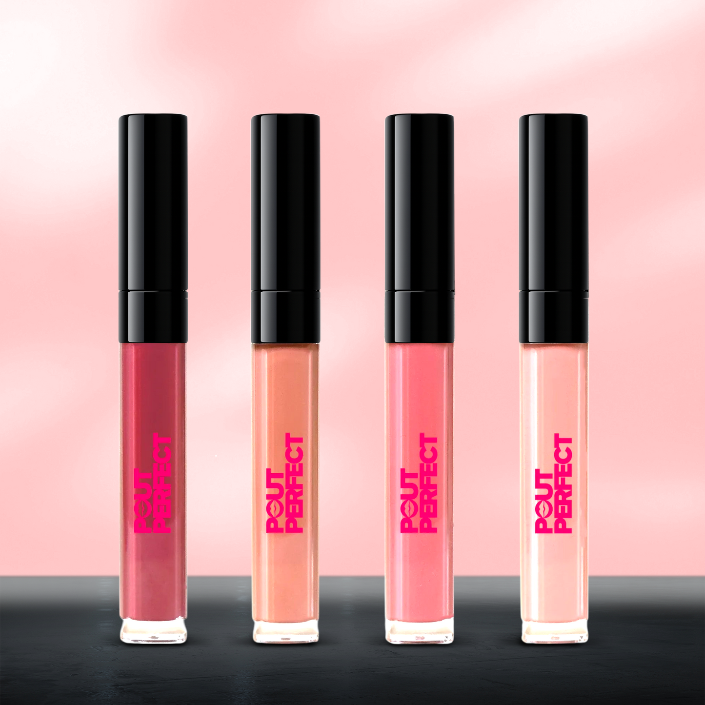 Pout Perfect hydrating lip oil set with four shades in sleek clear tubes and black caps