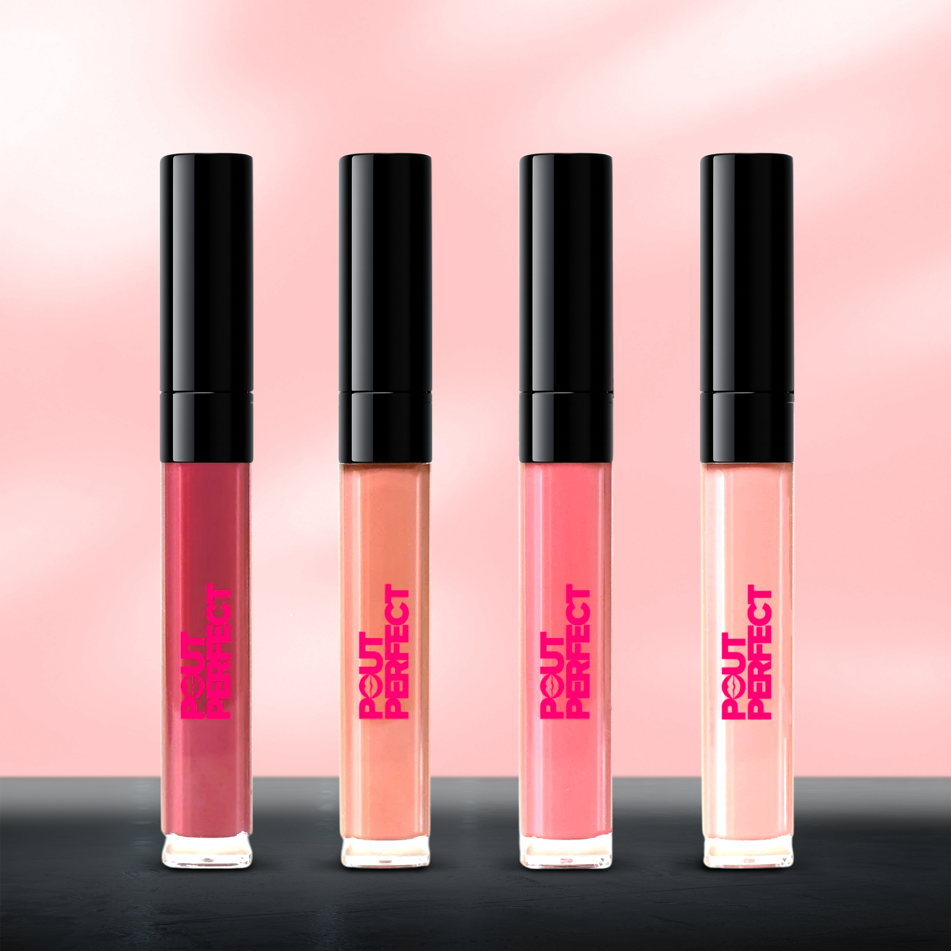 Pout Perfect hydrating lip oil set with four shades in sleek clear tubes and black caps