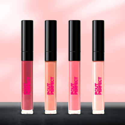 Pout Perfect hydrating lip oil set with four shades in sleek clear tubes and black caps
