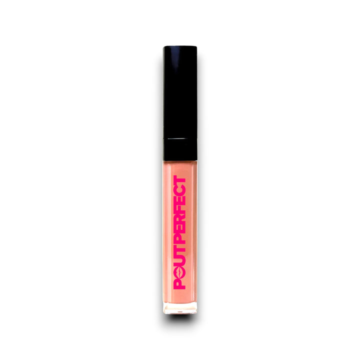 Pout Perfect hydrating lip oil set with peachy nude shade in sleek clear tube and black cap