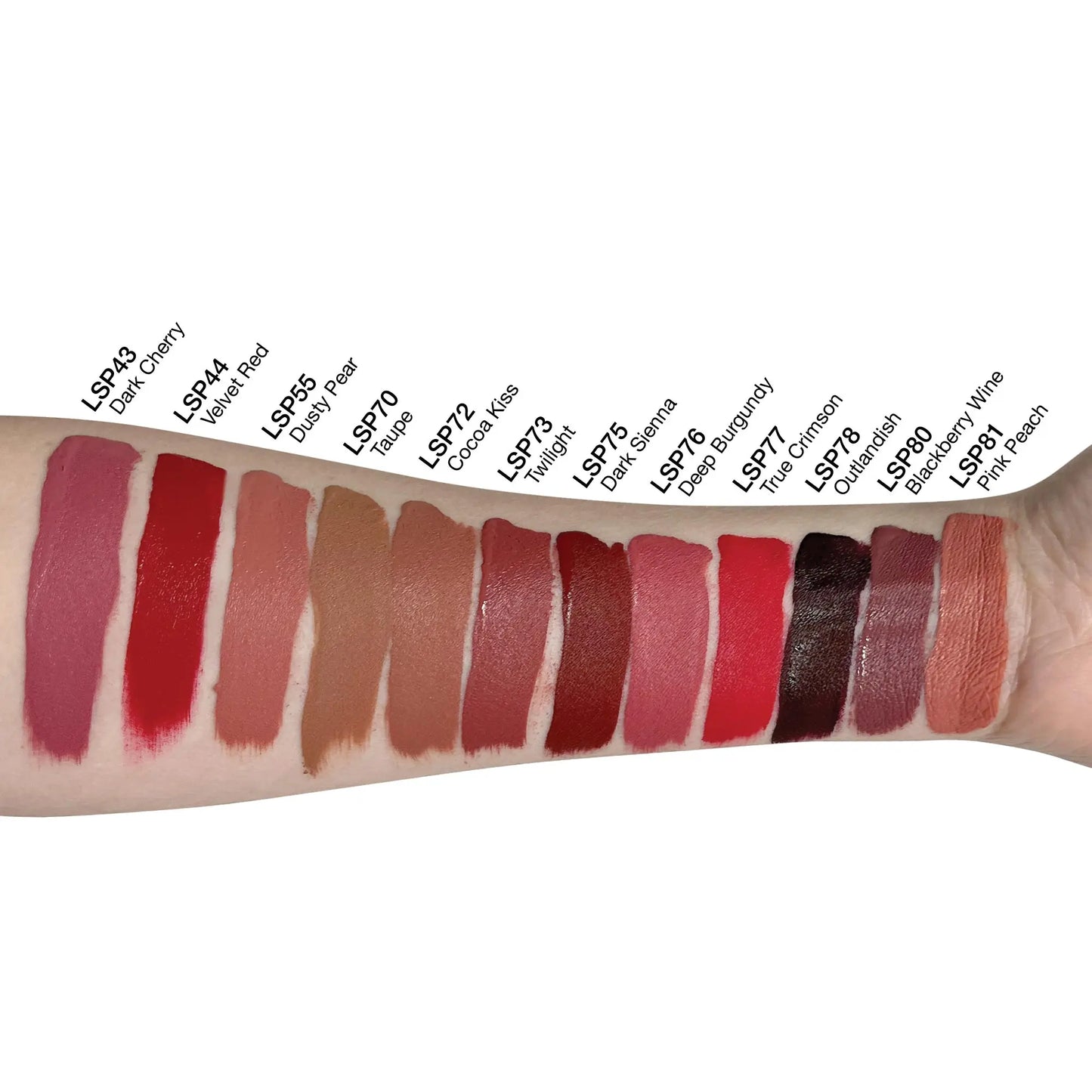 Pout Perfect long lasting velvet lip stain swatches on arm showcasing 14 matte lip stain shades