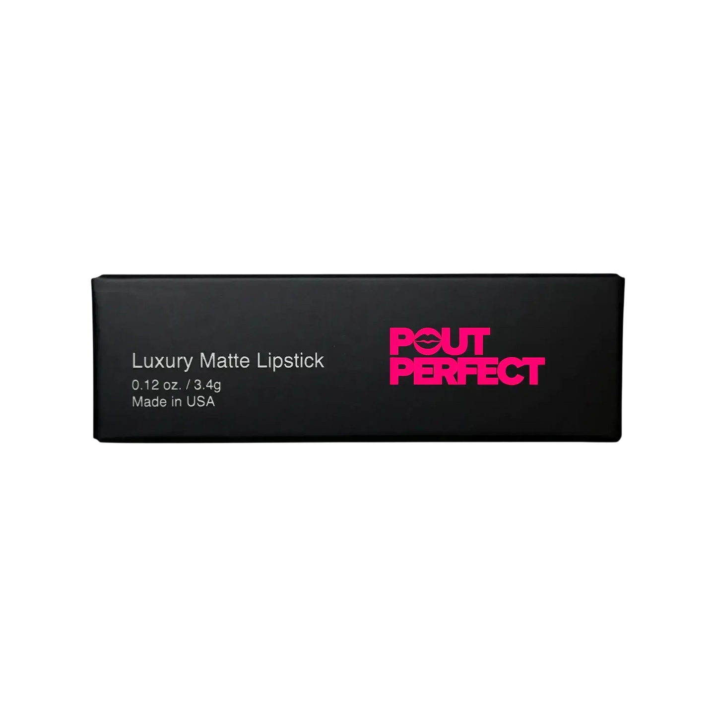 Pout Perfect luxury matte lipstick packaging in black with pink logo and product details