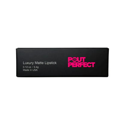 Pout Perfect luxury matte lipstick packaging in black with pink logo and product details