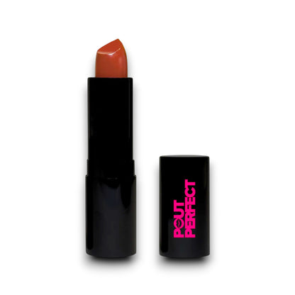 Pout Perfect luxury matte lipstick in a sleek black tube with warm brown shade and pink logo