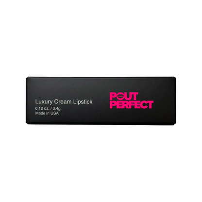 Pout Perfect luxury nude cream lipstick in sleek black packaging for smooth moisturizing wear