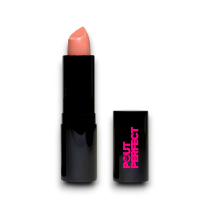 Pout Perfect luxury nude cream lipstick in sleek black tube with soft pink nude shade