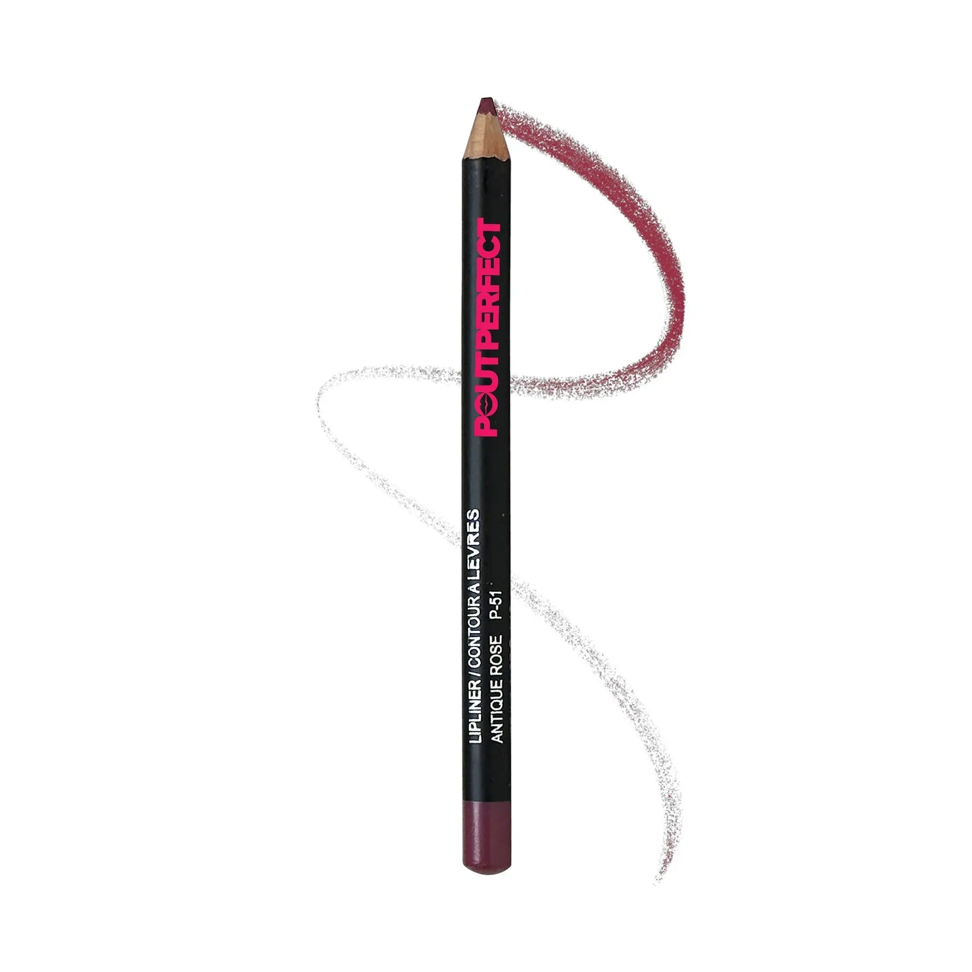 Pout Perfect precision lip liner antique rose pencil with swatch on white background