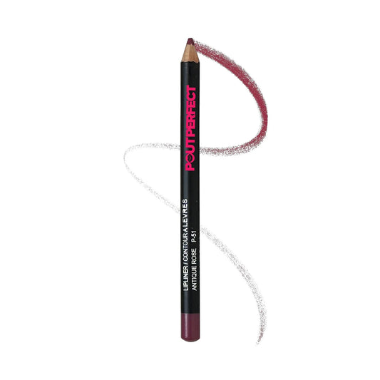 Pout Perfect precision lip liner antique rose pencil with swatch on white background