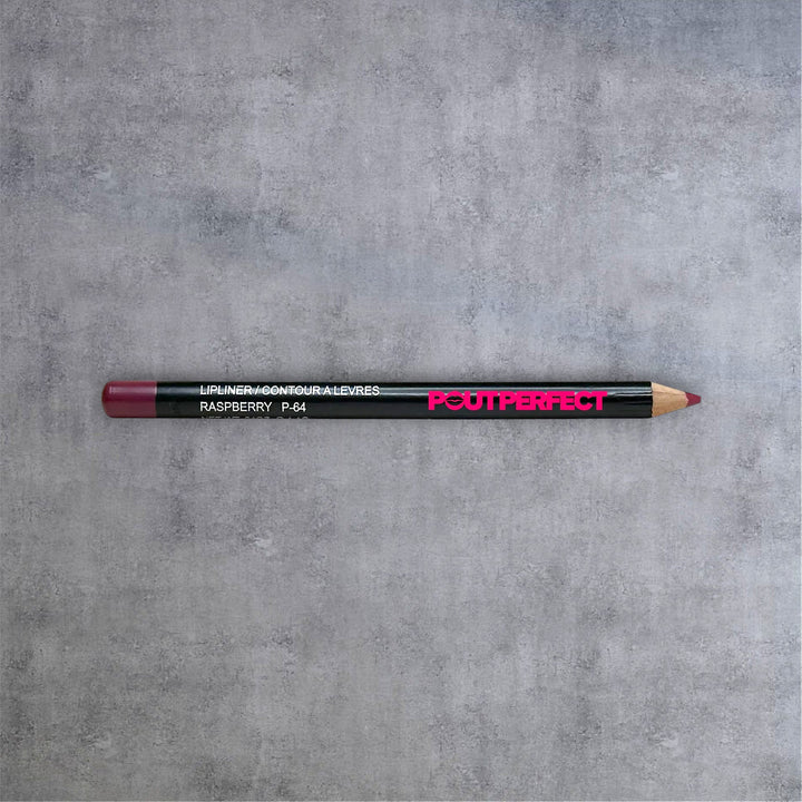 Pout Perfect raspberry lip liner pencil with deep berry color on gray background