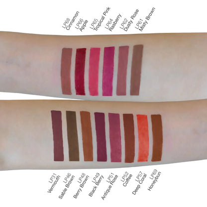 Pout Perfect red apple lip liner pencil swatches on arm showing various shades including red berry, deep coral, and cinnamon