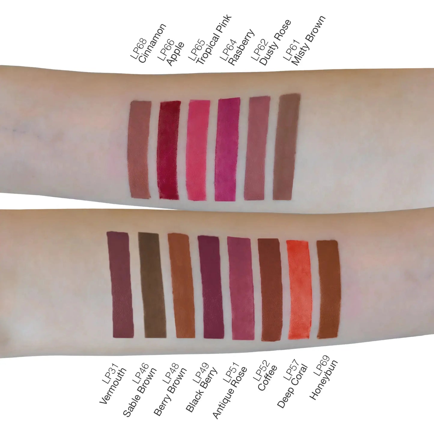 Pout Perfect lip liner pencil swatches on arm featuring sable brown lip liner and other shades