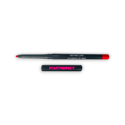 Pout Perfect scarlet automatic lip liner with twist-up design and red tip for precise lip definition