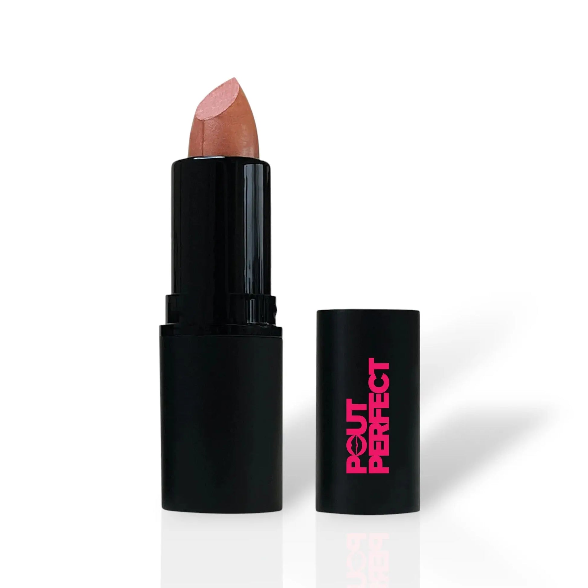 Pout Perfect Spicy Rum lipstick with black tube and pink logo, shade visible on bullet