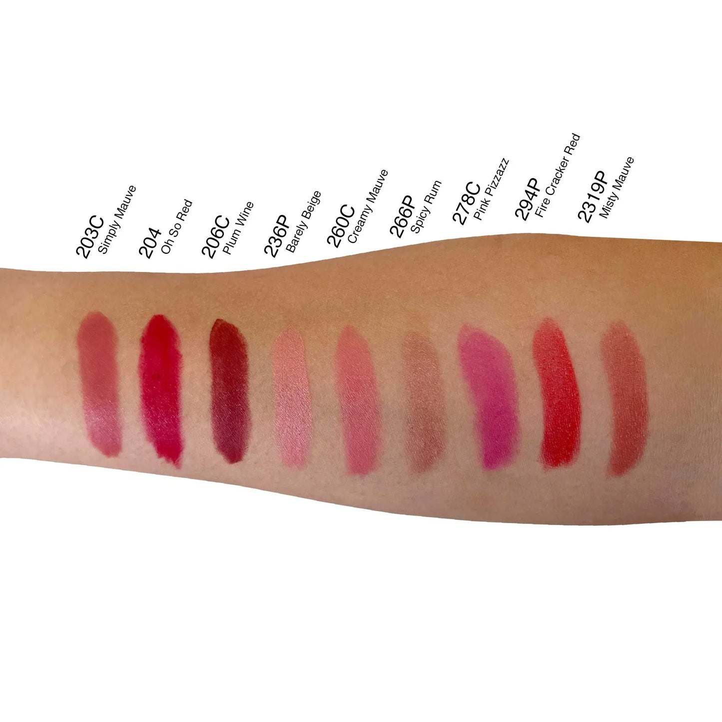Pout Perfect lipstick swatches on arm featuring Spicy Rum lipstick shade with other colors